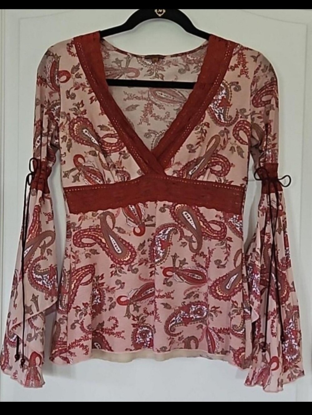 VINTAGE Y2K Arden B Fit & Flare Longsleeve Top Paisley Pink Red Womens S Boho